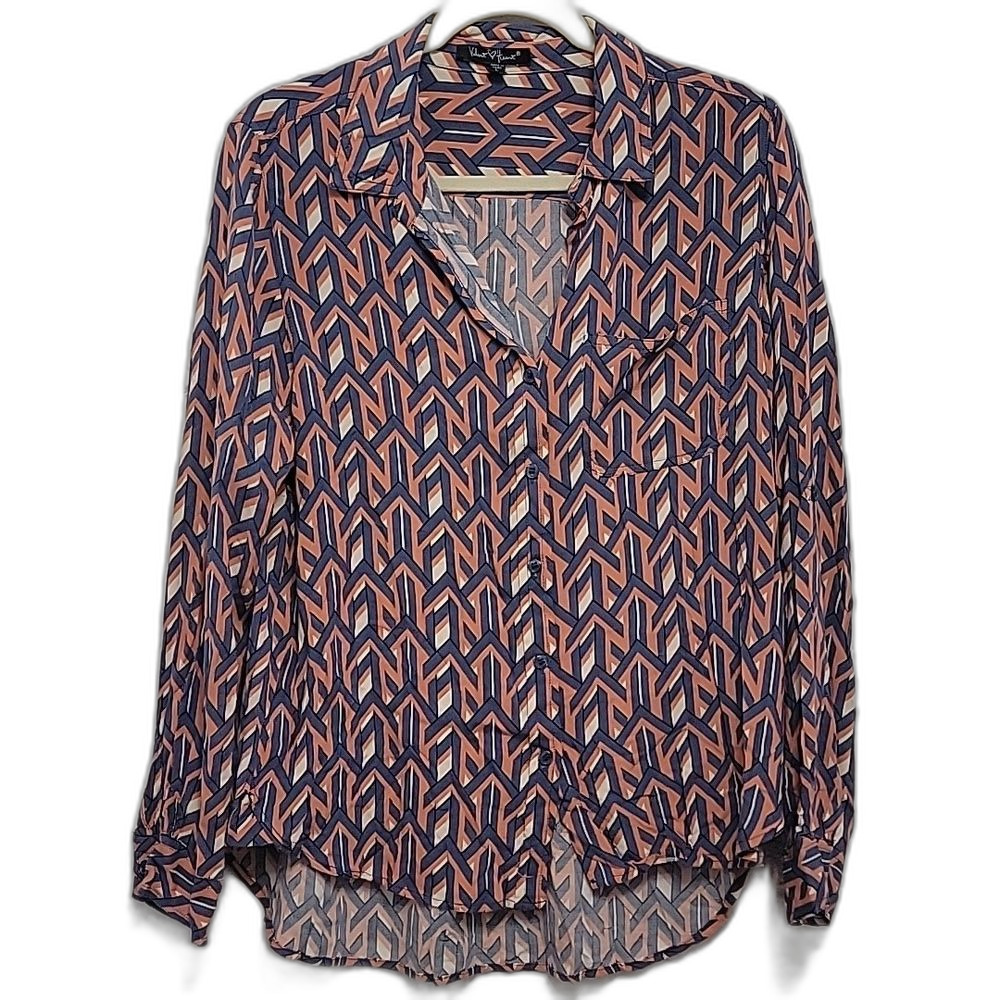 Velvet Heart Geometric Print Button Front Blouse Size L Blue Orange Sheer Top